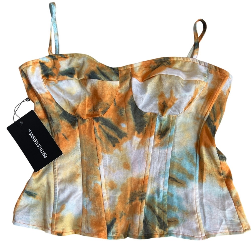PrettyLittleThing Orange Tie Dye Structured Corset Top SZ 10 Summer Festival - Picture 2 of 7
